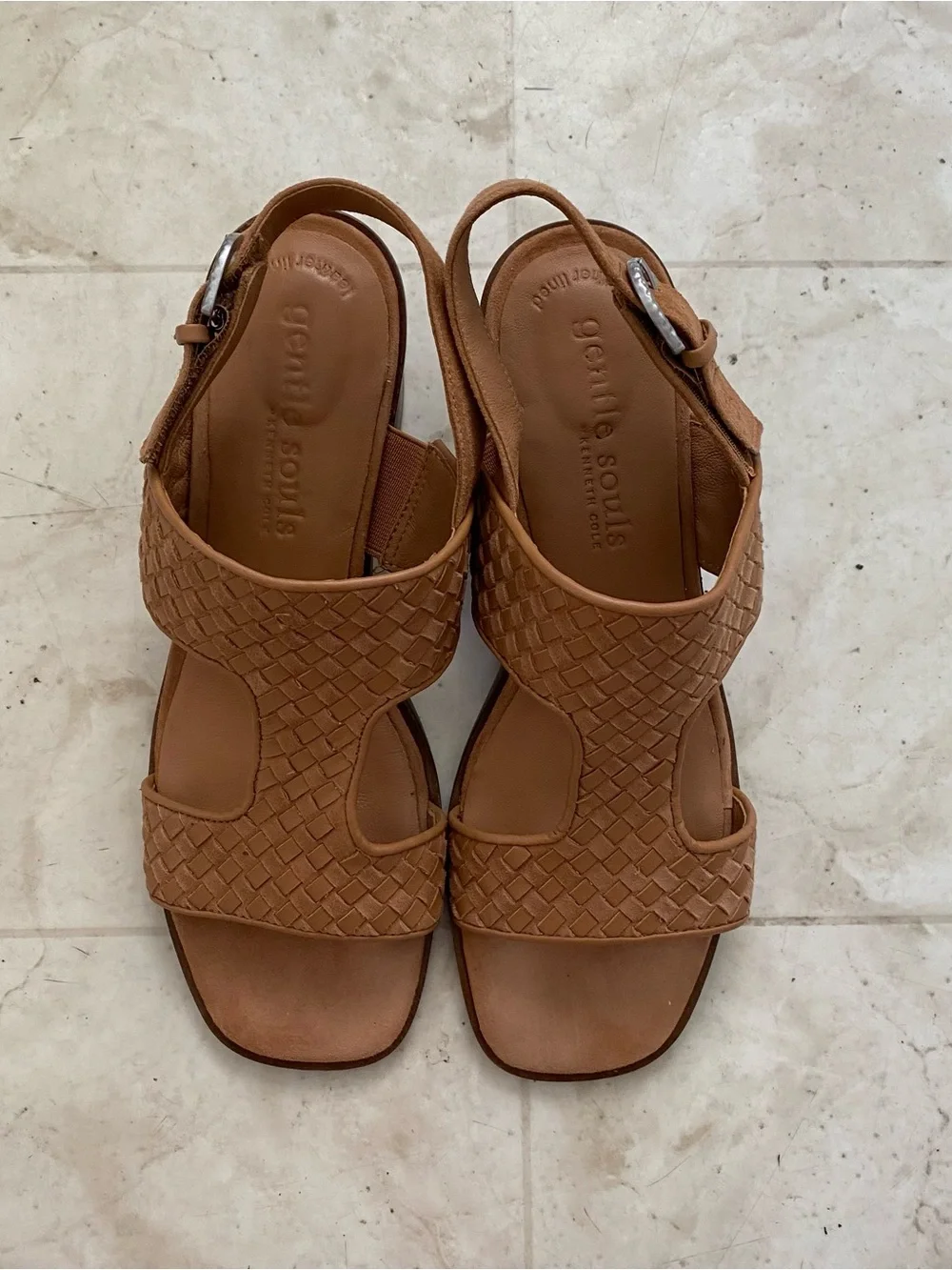 $189 Gentle Souls Manda Brown Woven Leather Square Toe Block Heels Sandals Sz 9